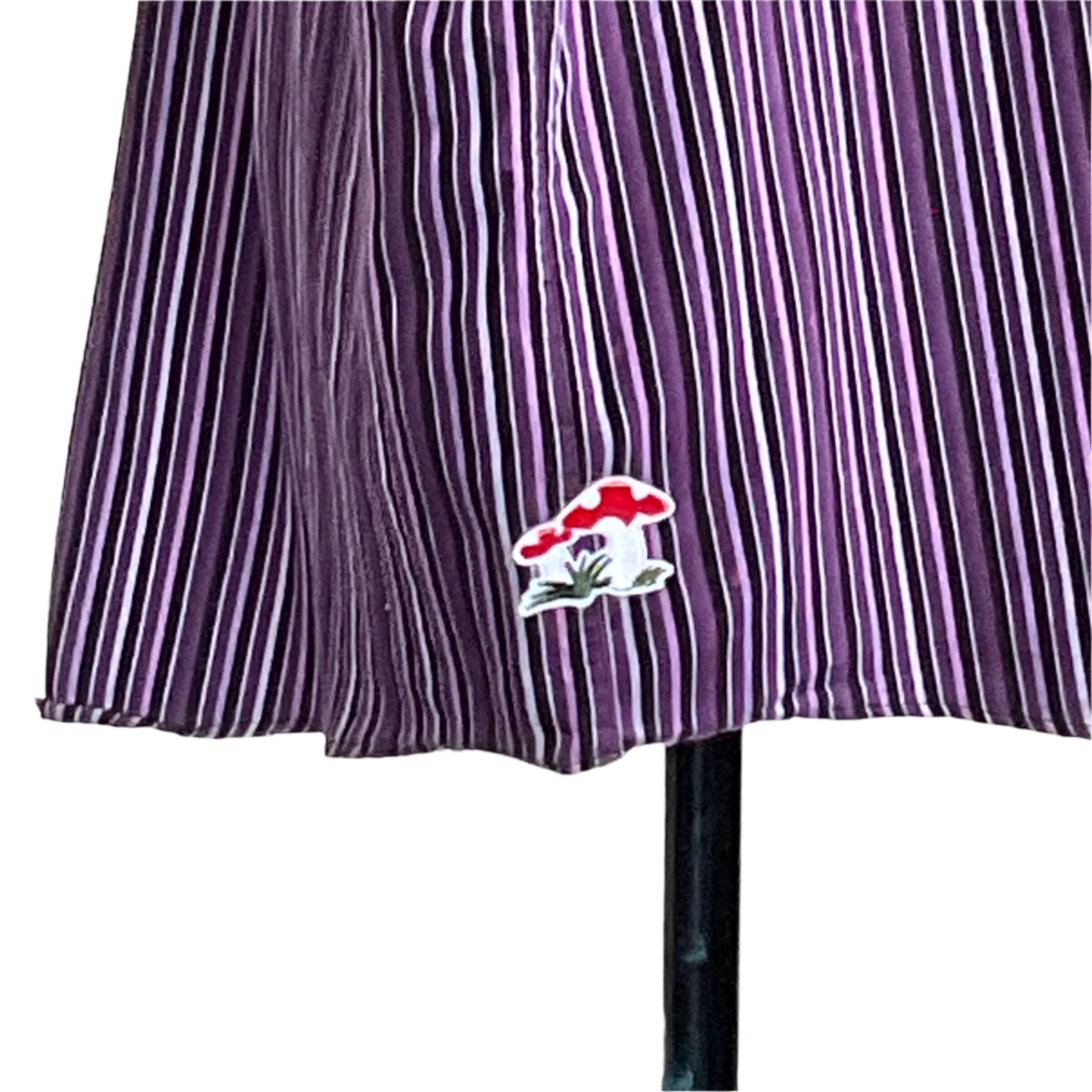 BEAR WHIZ men's custom sleeveless shirt in 4 XL, featuring a purple-and-white striped skirt design with embroidered mushroom patch near the hem.