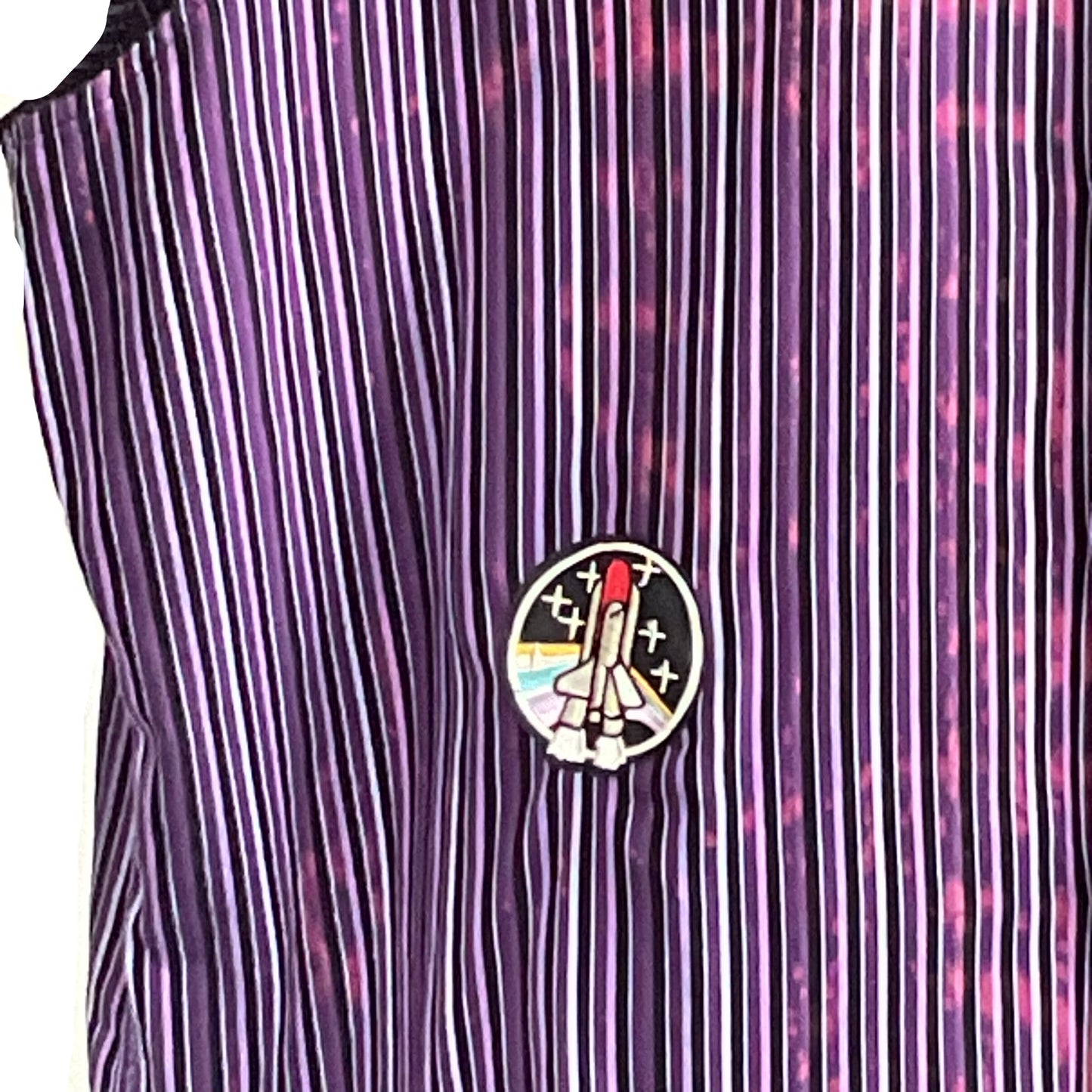 BEAR WHIZ men's custom 4 XL sleeveless shirt, featuring purple-and-white stripes and an embroidered space shuttle patch, showcases bold, humorous style.