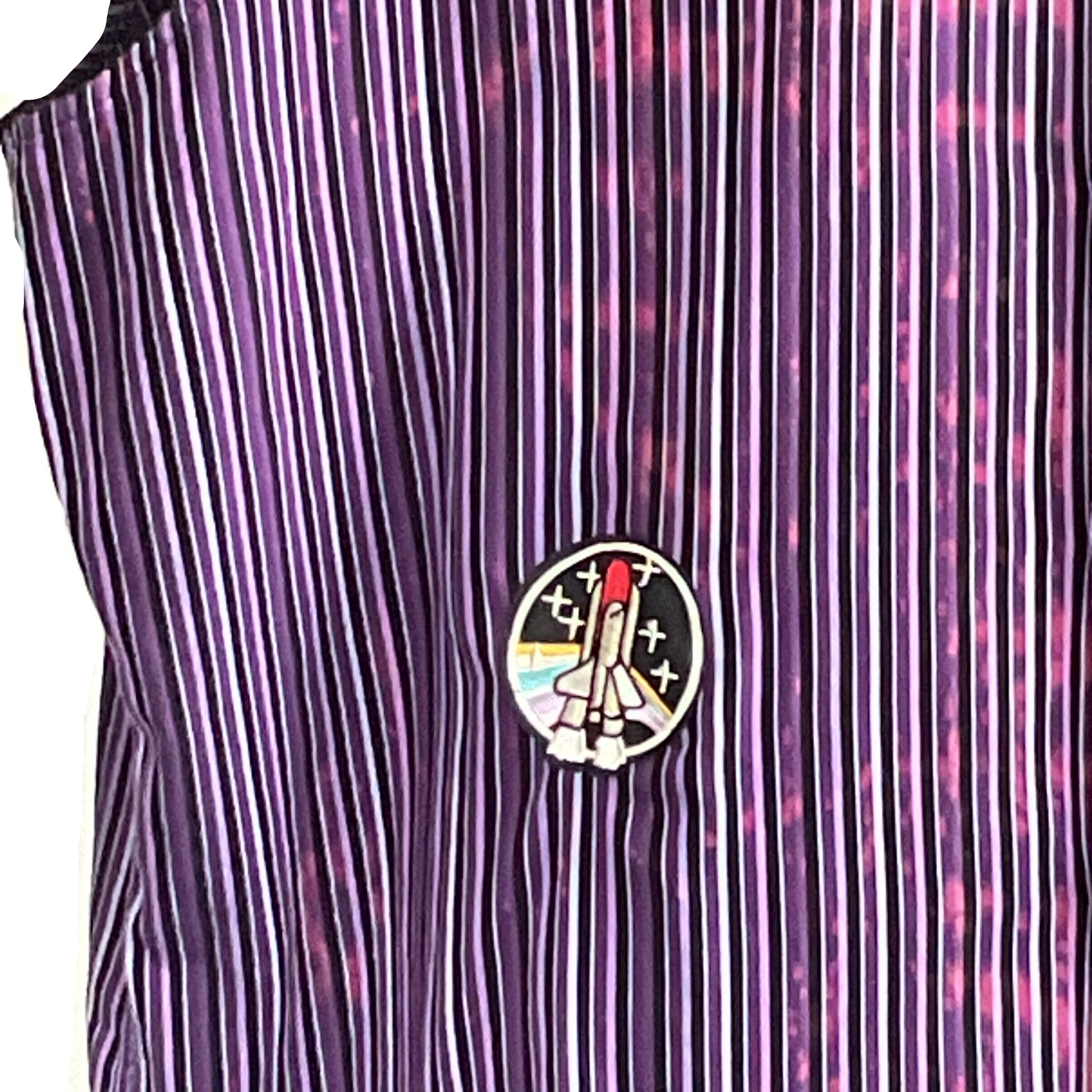 BEAR WHIZ men's custom 4 XL sleeveless shirt, featuring purple-and-white stripes and an embroidered space shuttle patch, showcases bold, humorous style.