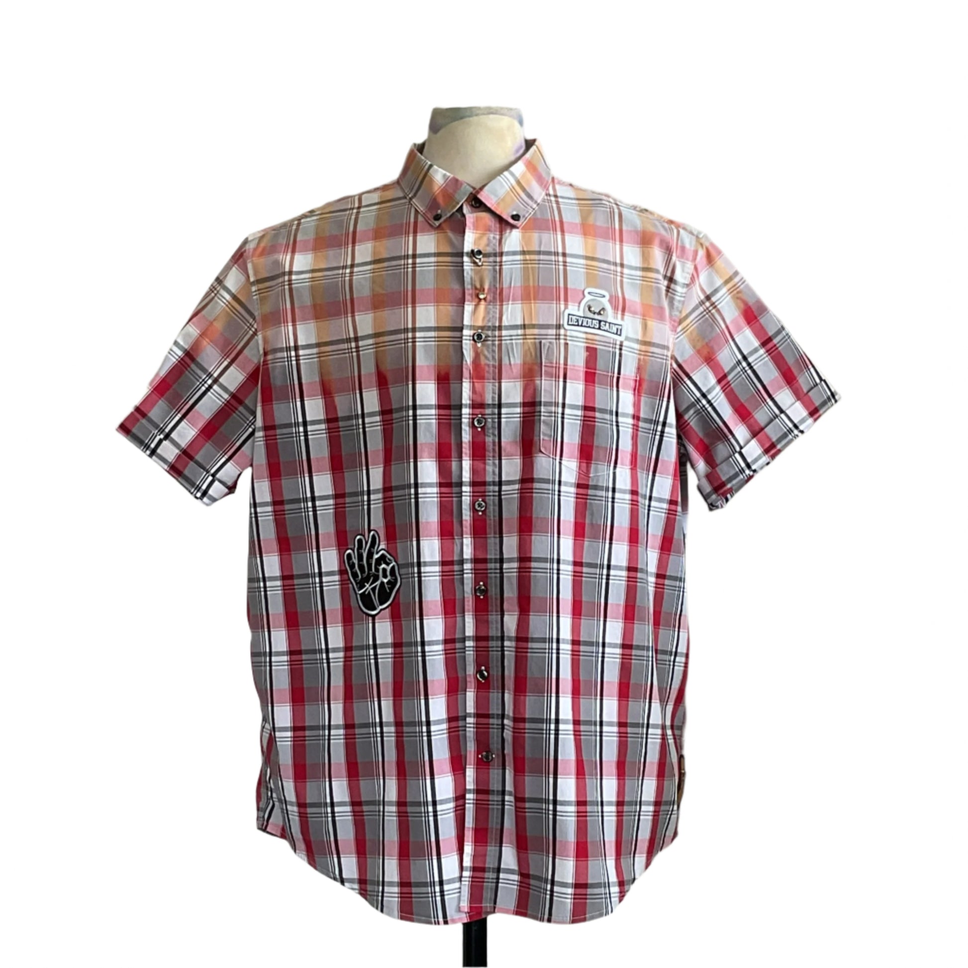 WEREWOLF TRANSFORMATION Men's 3XL Sleeveless Shirt on a mannequin, featuring plaid design, LEVIOUS SAINT patch, and OK sign patch. Bold, distinctive wearable art.