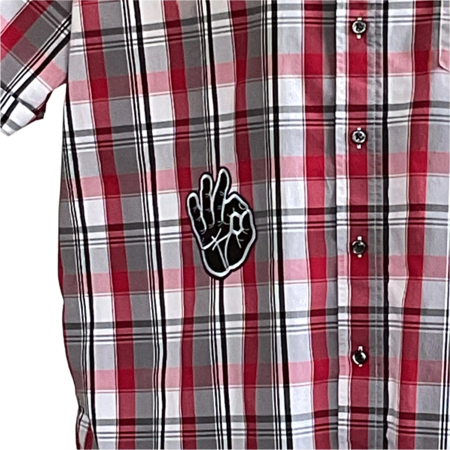WEREWOLF TRANSFORMATION | Men's Custom BEAR SIZE Sleeveless Shirt | 3XL features a red, gray, and white plaid design with an OK gesture patch.
