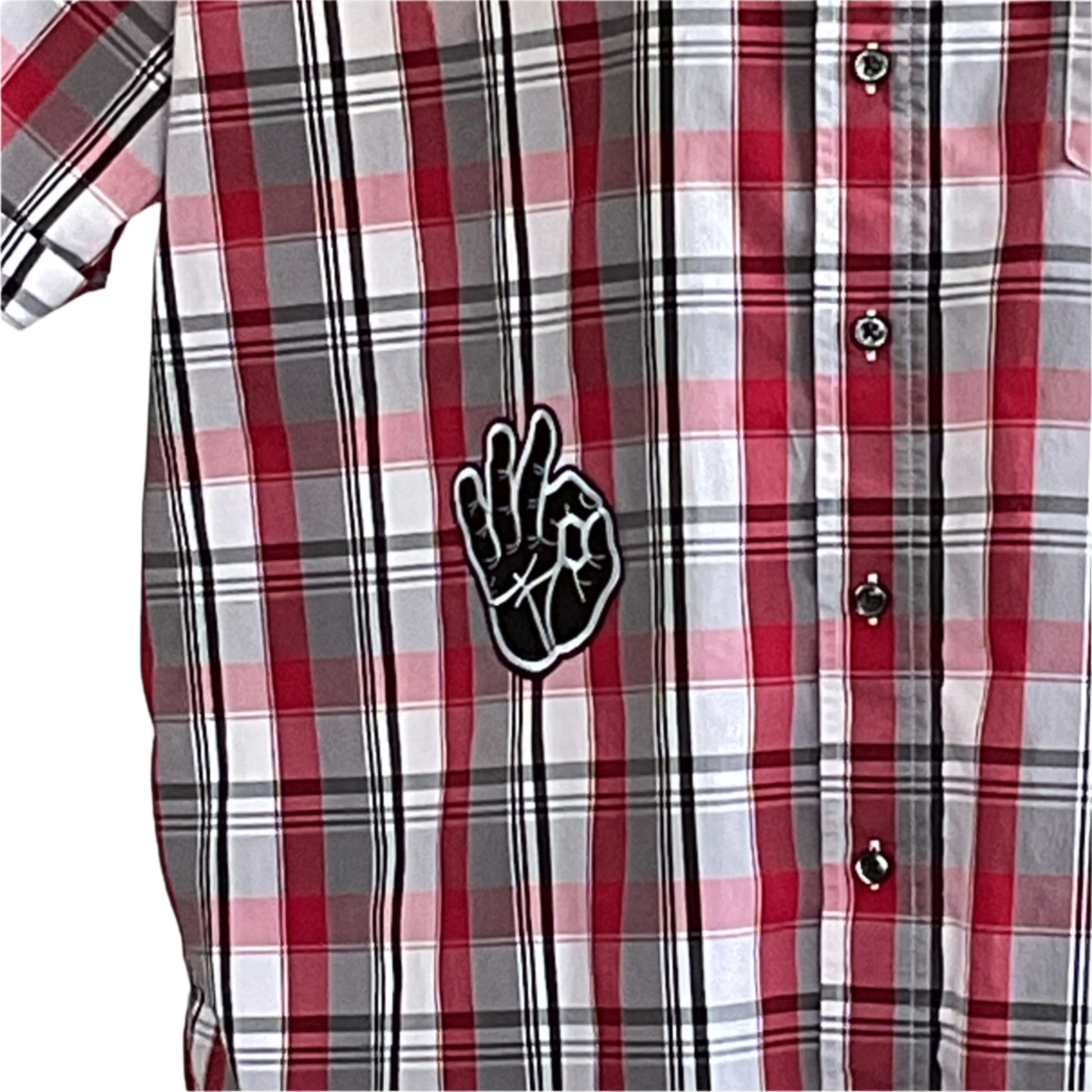 WEREWOLF TRANSFORMATION | Men's Custom BEAR SIZE Sleeveless Shirt | 3XL features a red, gray, and white plaid design with an OK gesture patch.