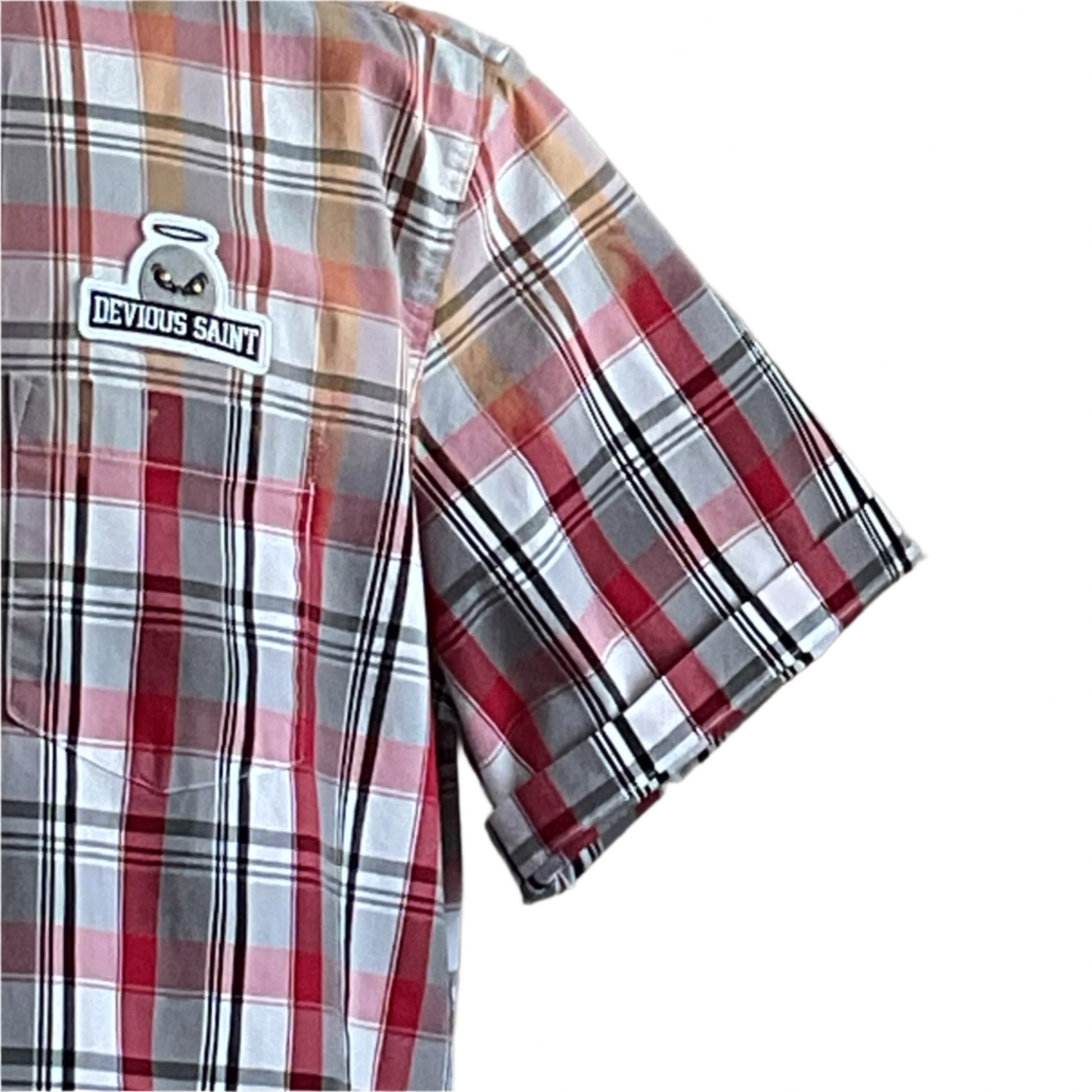 WEREWOLF TRANSFORMATION Men's Custom BEAR SIZE Sleeveless Shirt 3XL, featuring a plaid pattern with a DEVIOUS SAINT ghost patch on the chest pocket.
