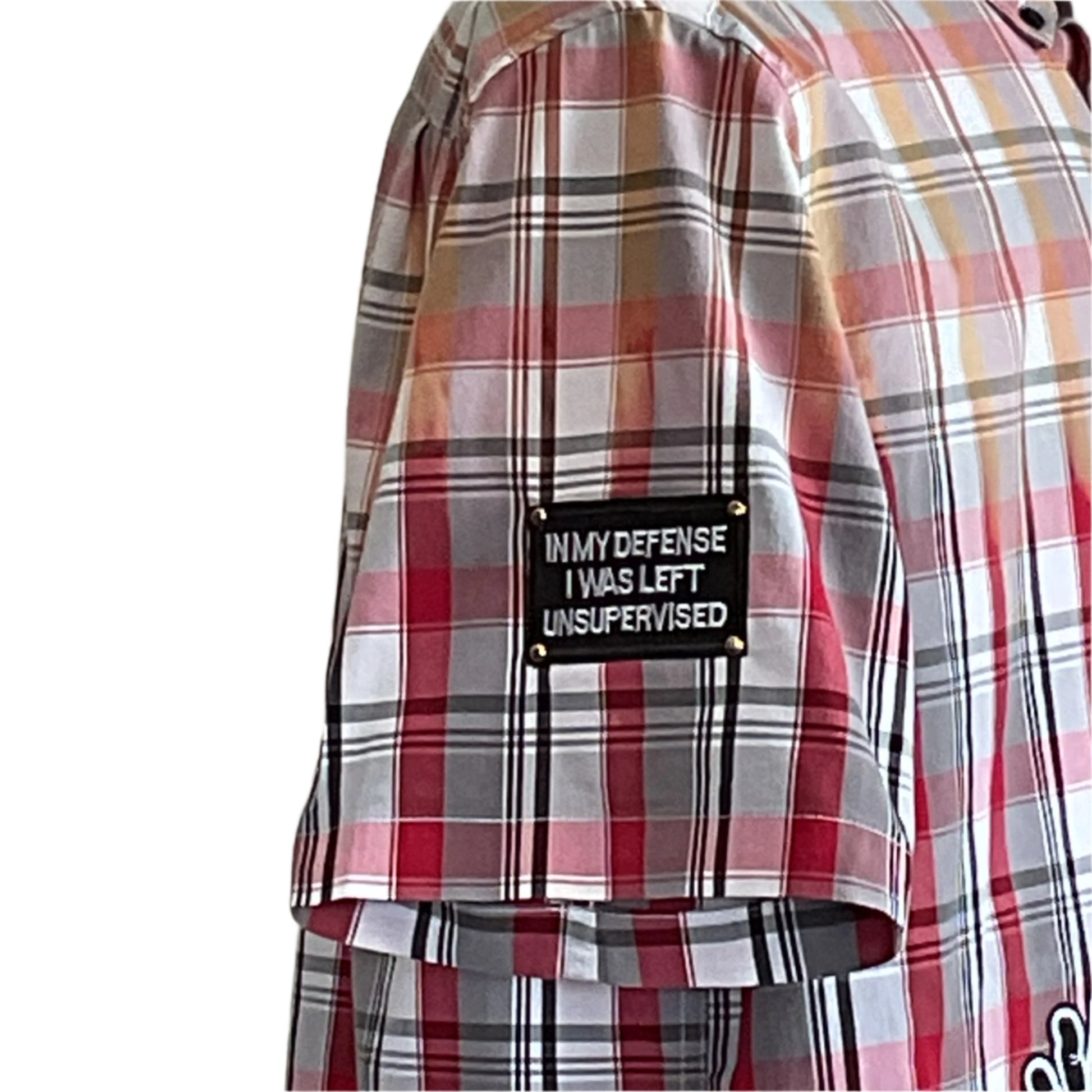 WEREWOLF TRANSFORMATION Men's Custom BEAR SIZE Sleeveless Shirt 3XL features red-gray plaid with bold patch, perfect for embodying your wild, unique style.