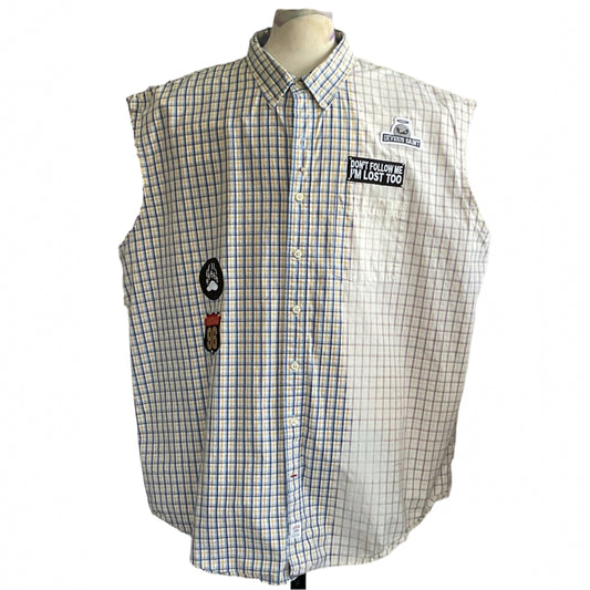 Sleeveless 4 XL shirt with spliced plaid design, decorated with patches, including DON’T FOLLOW ME, I’M LOST TOO, embodying unique, bold style.