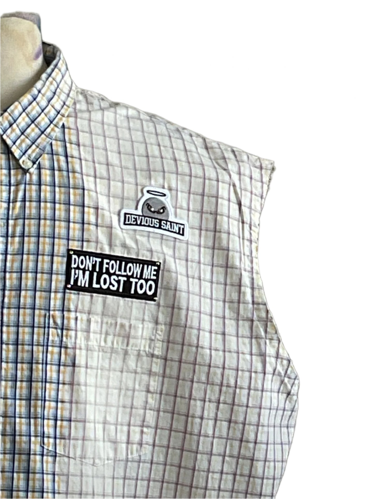 RESTO-MOD CHEVY TRUCK sleeveless shirt with DEVIOUS SAINT patches, showcasing bold design and automotive heritage. Displayed on a mannequin. Size 4 XL.