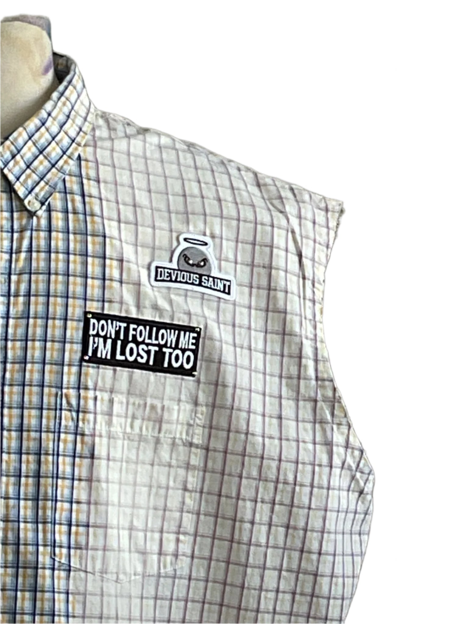 RESTO-MOD CHEVY TRUCK sleeveless shirt with DEVIOUS SAINT patches, showcasing bold design and automotive heritage. Displayed on a mannequin. Size 4 XL.
