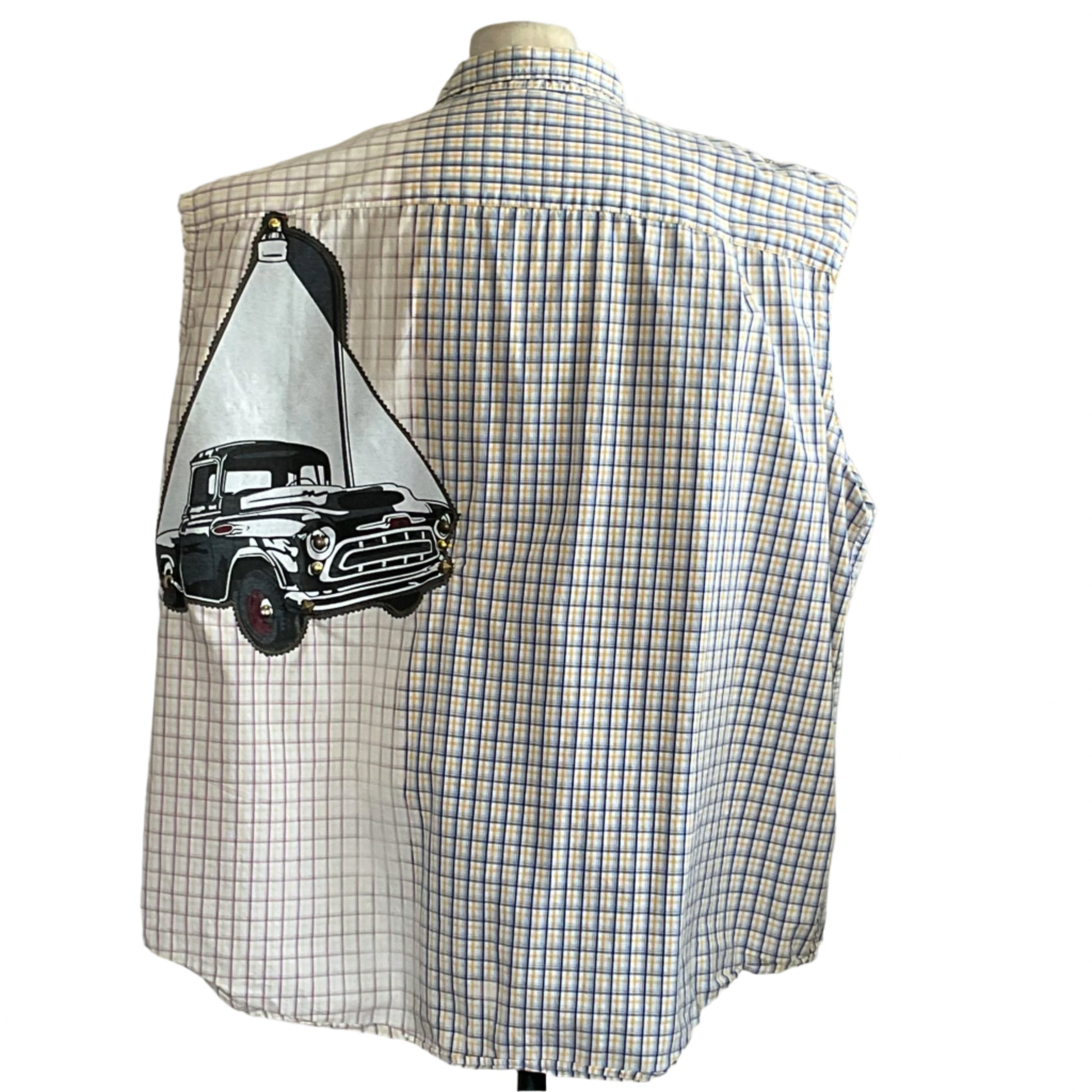 Men's custom sleeveless shirt, 4 XL, featuring a vintage Chevy truck appliqué on a plaid back, showcasing bold, unique design from DEVIOUS SAINT.