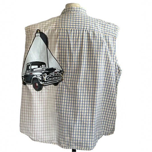 Men's custom sleeveless shirt, 4 XL, featuring a vintage Chevy truck appliqué on a plaid back, showcasing bold, unique design from DEVIOUS SAINT.