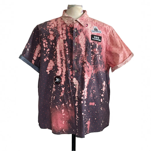 SCOOBY-DOO! Men's Custom BEAR SIZE Short Sleeve Shirt in 3XL, featuring acid-wash pink/charcoal, polka-dots, and playful patches, embodying bold, adventurous style.