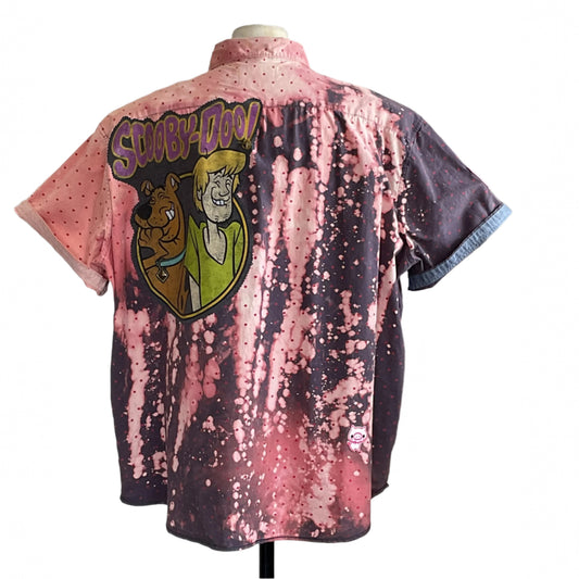 SCOOBY-DOO! | Men's Custom BEAR SIZE Short Sleeve Shirt | 3 XL with pink bleach-splatter, vintage Scooby-Doo graphic, and polka-dot detail.
