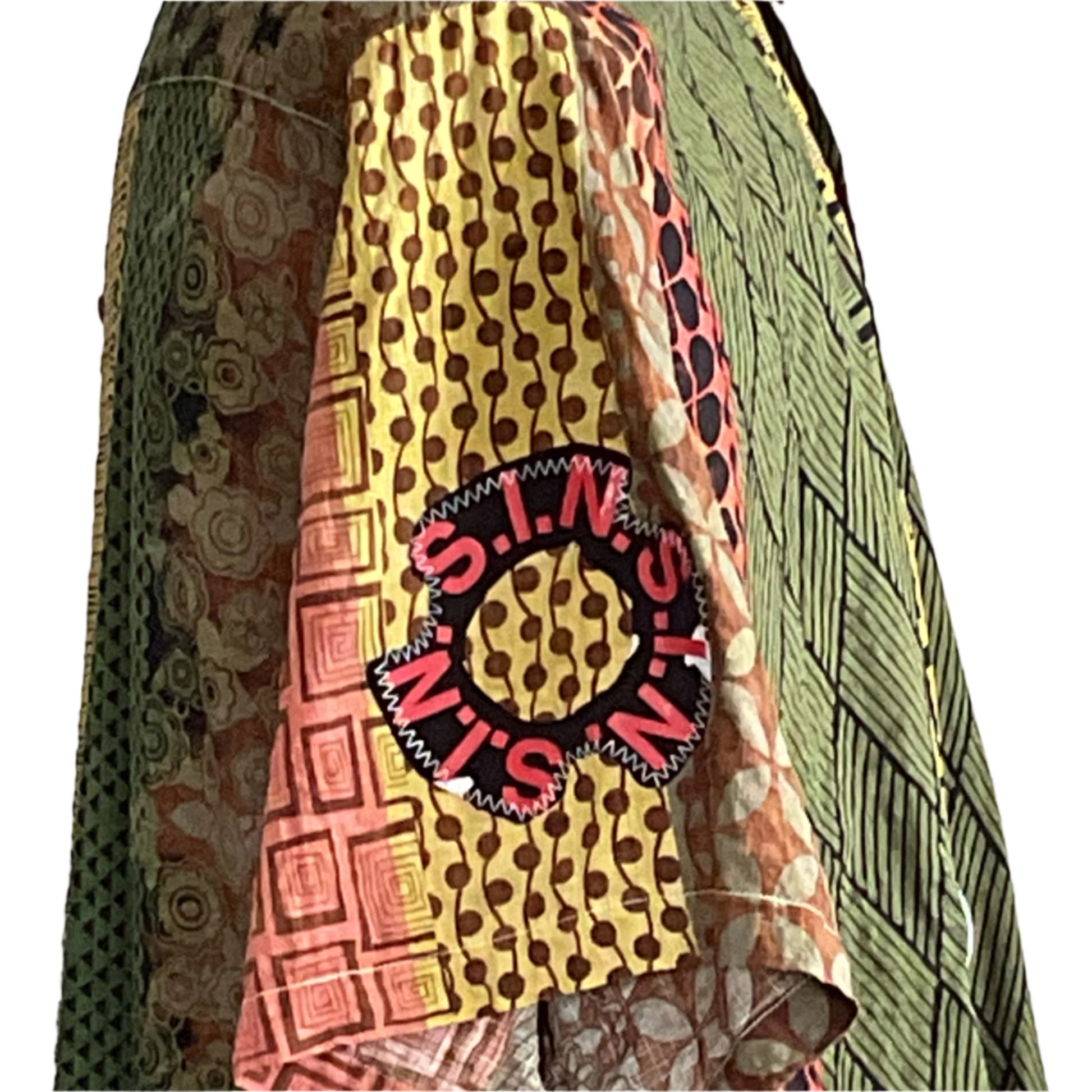 DRINK UP | Men's Custom BEAR SIZE Sleeveless Shirt | 3XL featuring a patchwork of vibrant patterns with a distinctive circular appliqué, embodying bold, unique wearable art.