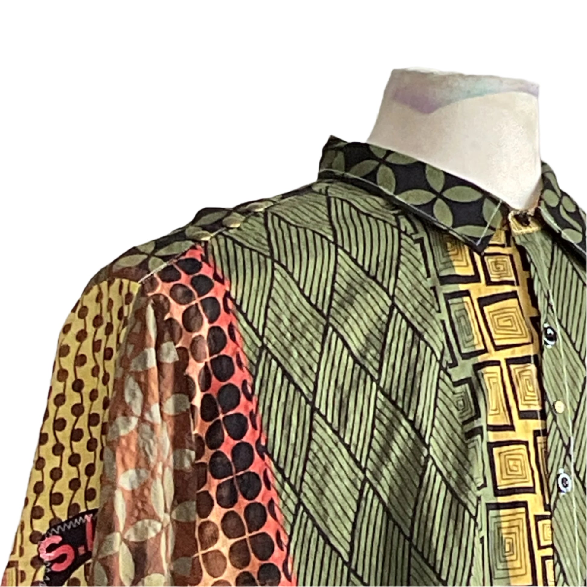 DRINK UP | Men's Custom BEAR SIZE Sleeveless Shirt 3XL featuring bold, contrasting fabric panels with diverse patterns and leaf motifs, embodying distinctive wearable art.