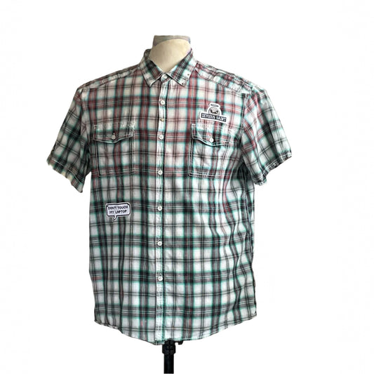 90 DAY FIANCÉ Men's Custom BEAR SIZE Short Sleeve Shirt in 2XL, featuring plaid pattern, two chest pockets, and distinctive “DEVIOUS SAINT” and “DON’T TOUCH MY LAPTOP” patches.