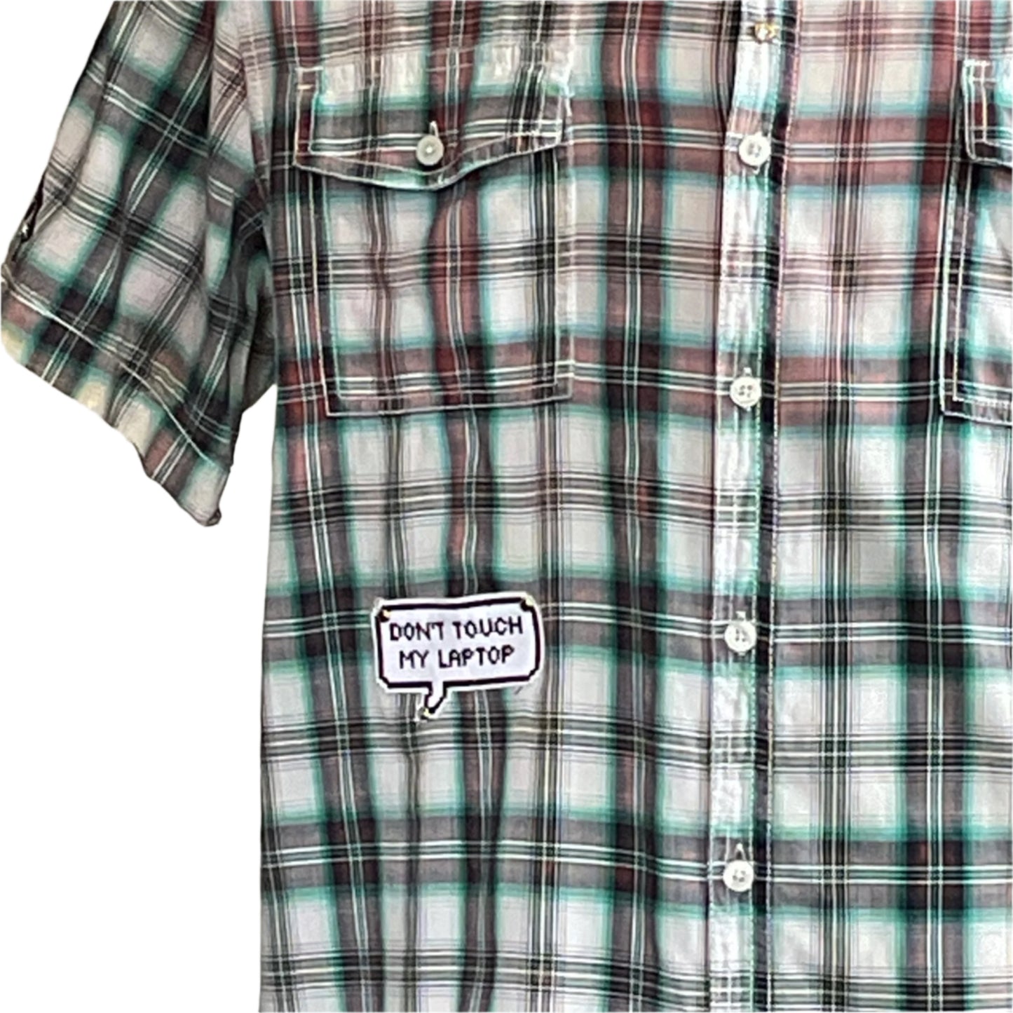90 DAY FIANCÉ Men's Custom BEAR SIZE Short Sleeve Shirt, 2XL, featuring plaid pattern, button-up style, chest pockets, and playful DON’T TOUCH MY LAPTOP patch.
