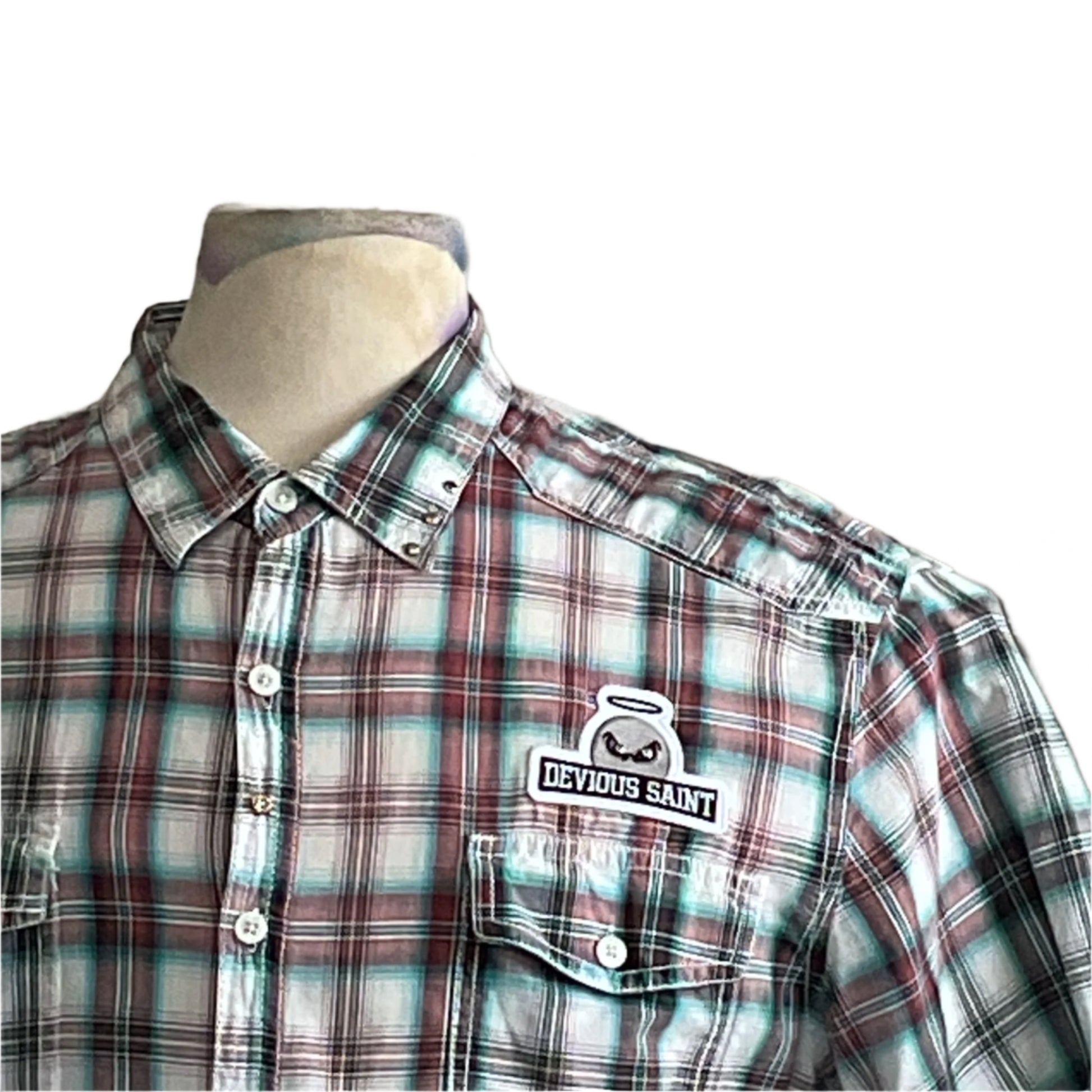 Men's 90 DAY FIANCÉ Custom BEAR SIZE Shirt in 2XL, featuring a plaid design and DEVIOUS SAINT patch on the left chest.