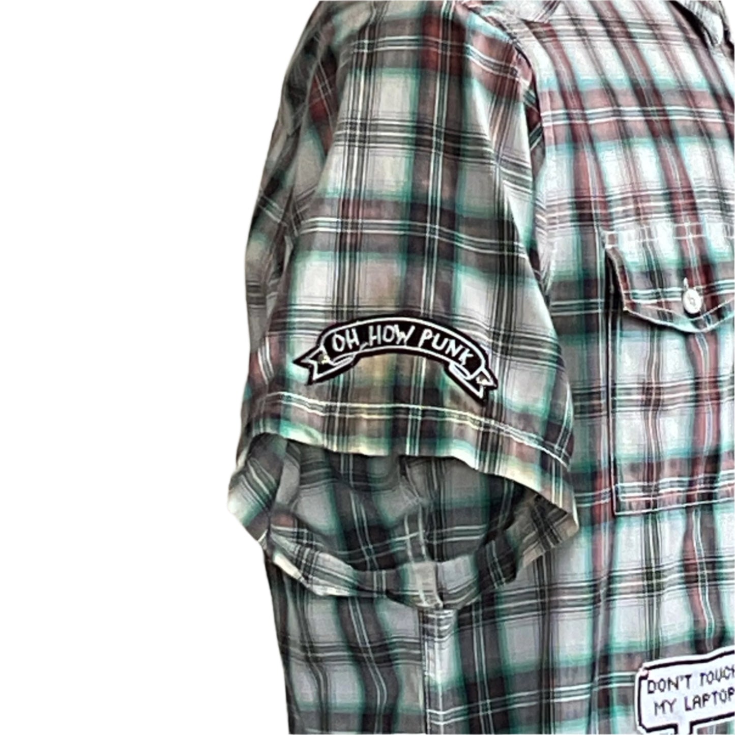 90 DAY FIANCÉ Men's Custom BEAR SIZE Short Sleeve Shirt in 2XL, featuring green-and-white plaid with patches reading “OH, HOW PUNK” and “DON’T TOUCH MY LAPTOP.”
