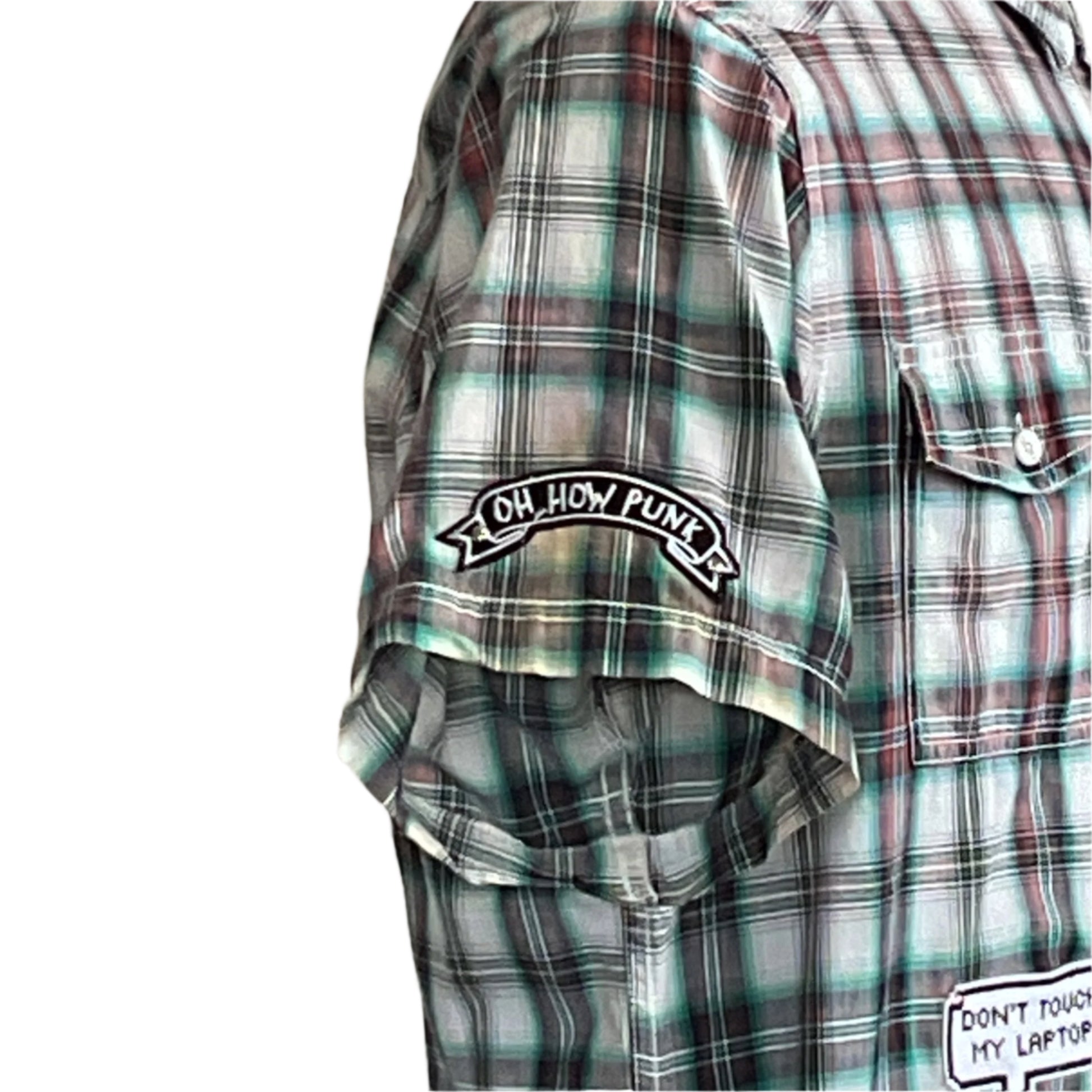 90 DAY FIANCÉ Men's Custom BEAR SIZE Short Sleeve Shirt in 2XL, featuring green-and-white plaid with patches reading “OH, HOW PUNK” and “DON’T TOUCH MY LAPTOP.”