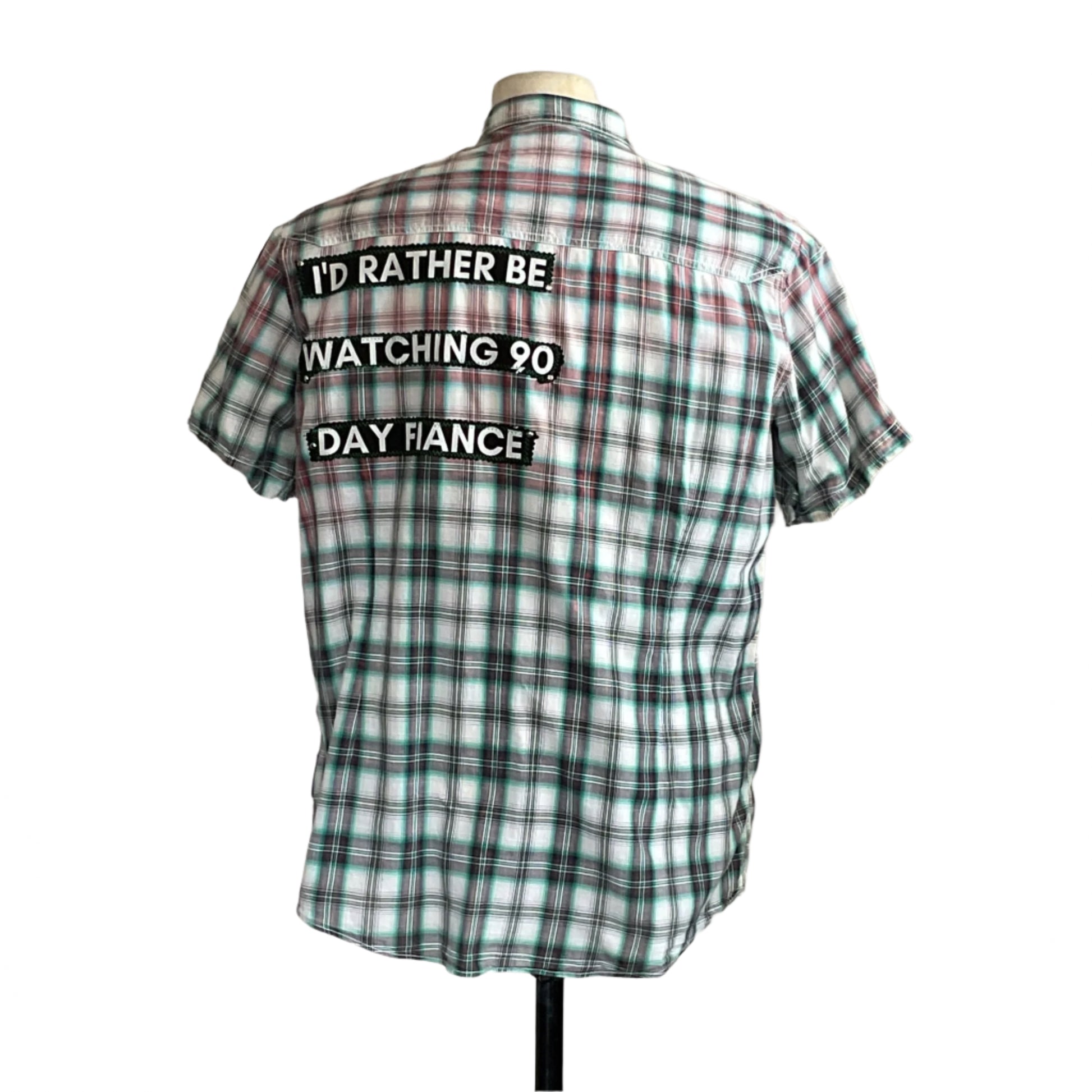 90 DAY FIANCÉ Men's Custom BEAR SIZE Short Sleeve Shirt, 2 XL, featuring bold patches on plaid fabric, emphasizing reality TV fandom with humor and style.