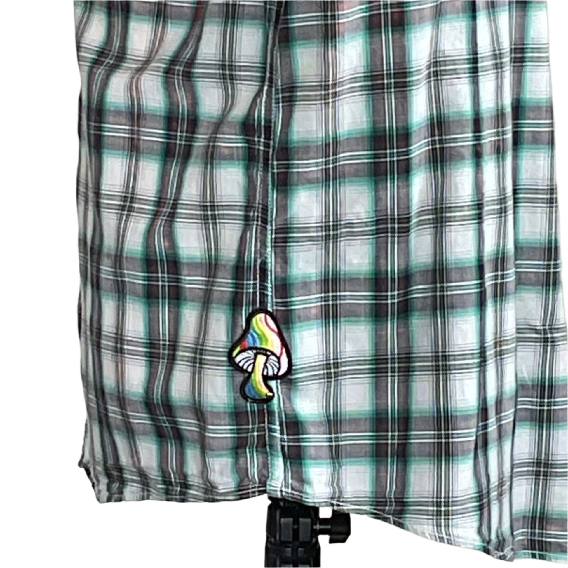 90 DAY FIANCÉ Men's Custom BEAR SIZE Shirt in 2XL, featuring green-and-white plaid with a rainbow mushroom patch near the hem, exemplifying bold wearable art.