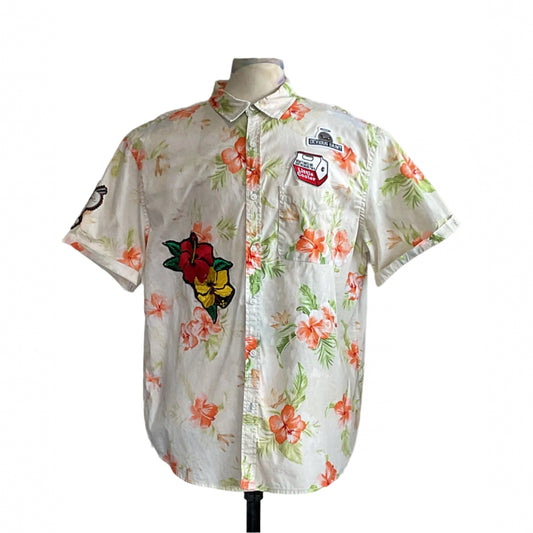 WHITE BEAR men's 2XL short sleeve shirt features hibiscus blooms, cooler patches, and whimsical bear design, embodying DEVIOUS SAINT's unique, bold style.