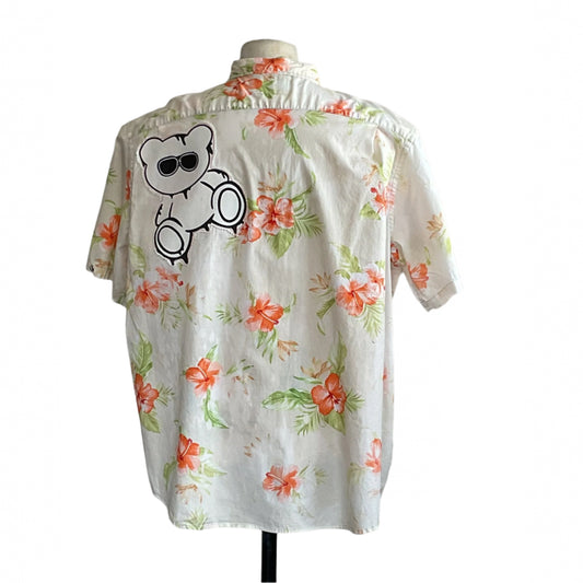 Back view of the WHITE BEAR men's 2XL shirt with orange hibiscus, green foliage, and a bear patch, embodying DEVIOUS SAINT's bold, unique style.