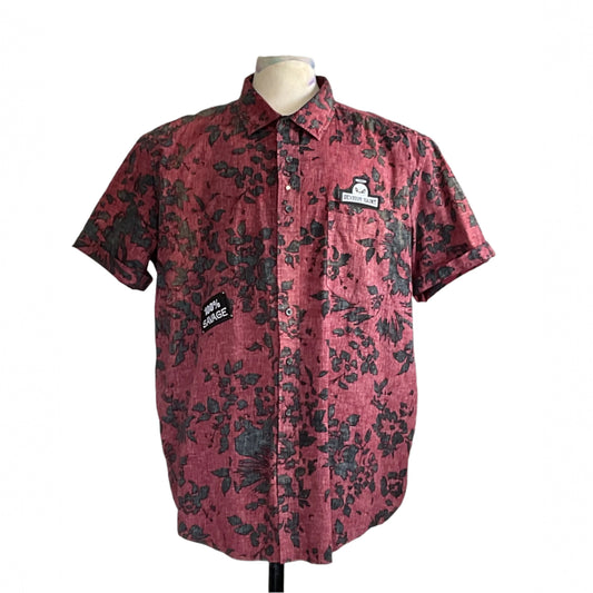 I’M OUTTA HERE | Men's Custom BEAR SIZE Short Sleeve Shirt, 2XL, with patches DEVOURG SAINT and 100% SAVAGE on heathered red floral print.
