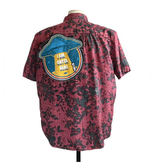 I’M OUTTA HERE | Men's Custom BEAR SIZE Short Sleeve Shirt | 2 XL, featuring a black floral pattern and sci-fi patch with alien beaming design.