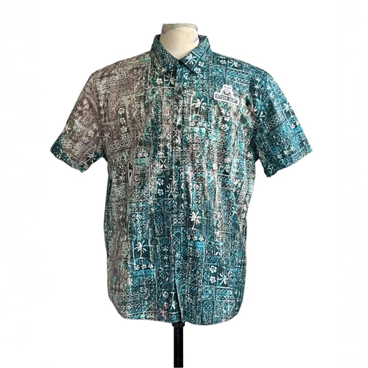 Men's MORNING DEW Hawaiian-style shirt on mannequin, featuring teal tropical print and DEVIOUS SAINT logo.