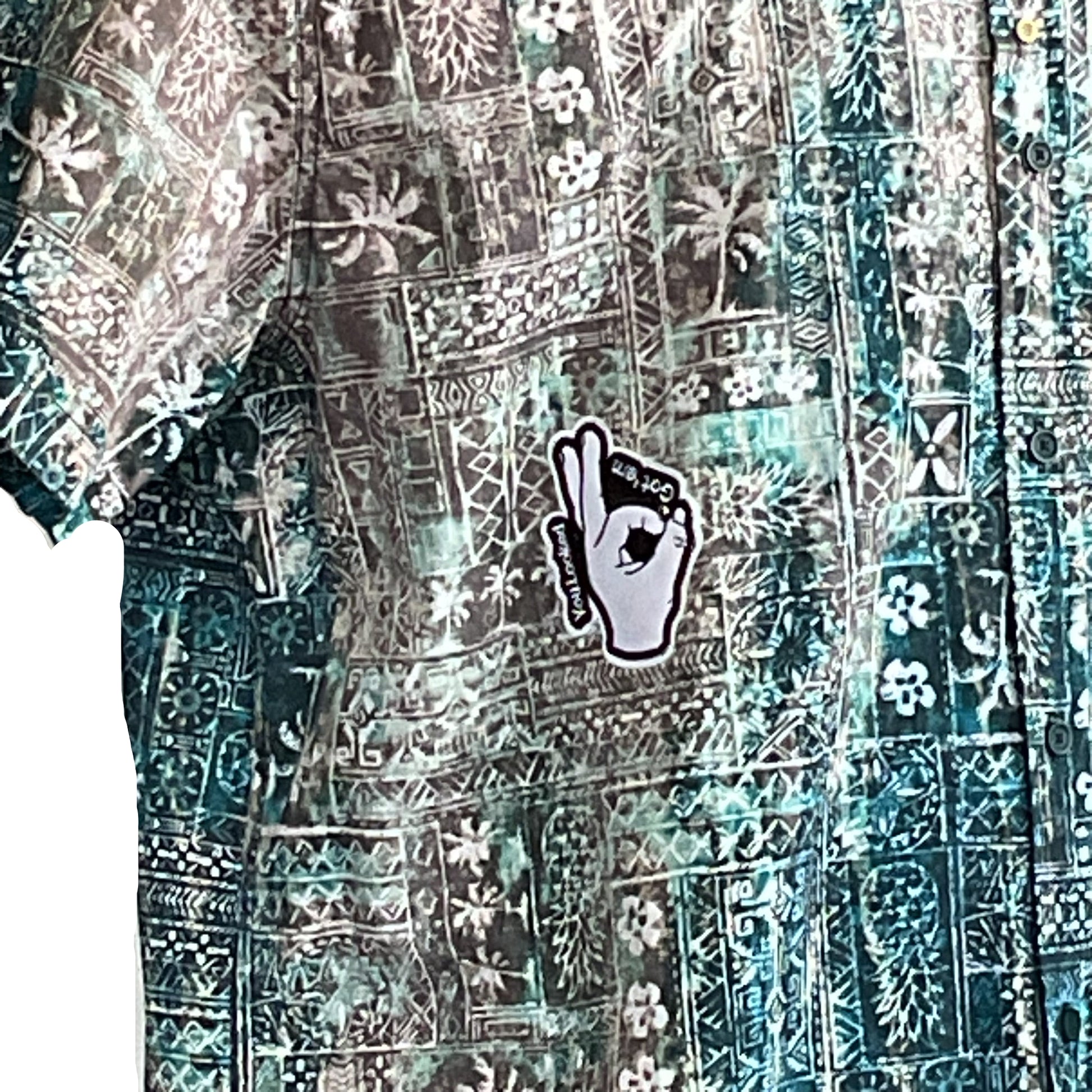 MORNING DEW Men's Custom BEAR SIZE Short Sleeve Shirt in 2XL, featuring a teal-turquoise gradient with geometric and floral motifs, adorned with a cartoon hand-sticker.
