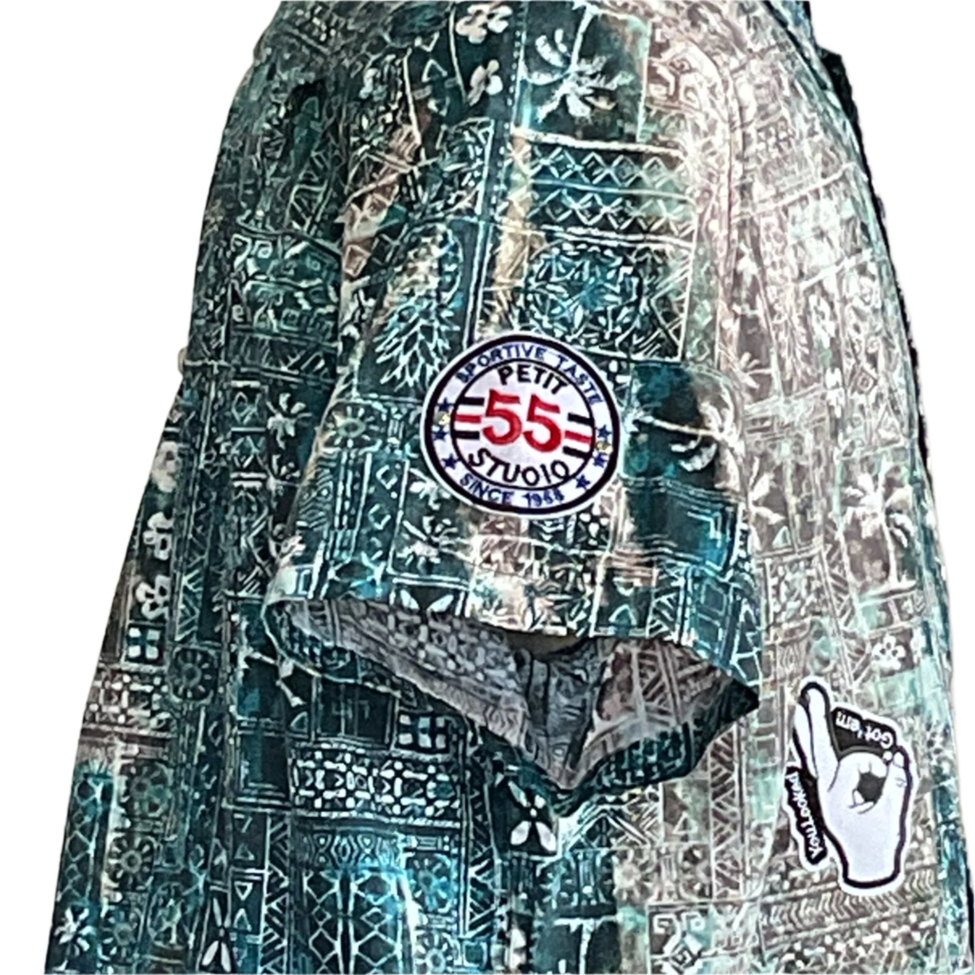 MORNING DEW | Men's Custom BEAR SIZE Short Sleeve Shirt | 2 XL, features geometric and floral motifs, with distinctive PETIT STUDIO 55 and YOKO CREATION patches.