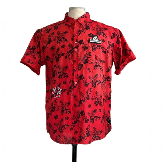 RED HAWAII | Men's Custom BEAR SIZE Short Sleeve Shirt | 2 XL features a red button-up design with black tropical patterns and unique patches, including Devious Saint.
