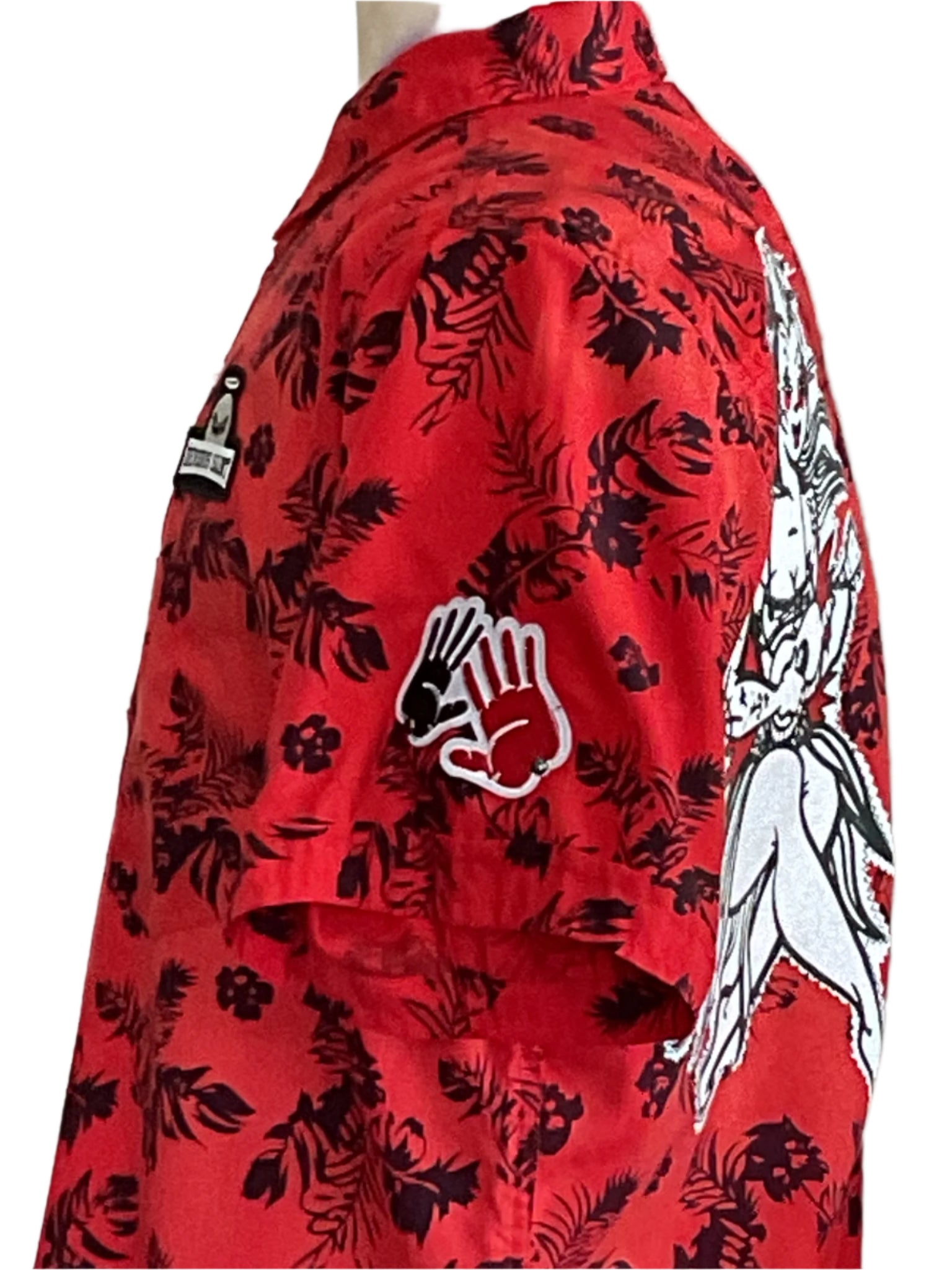 RED HAWAII | Men's Custom BEAR SIZE Short Sleeve Shirt | 2 XL, featuring black floral print, assorted patches, and a large winged figure graphic on the back.