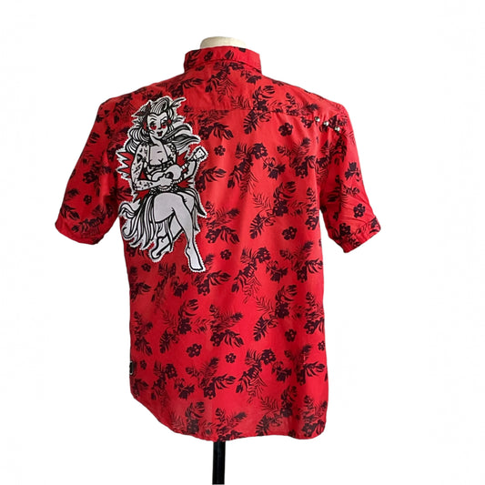 RED HAWAII | Men's Custom BEAR SIZE Short Sleeve Shirt | 2 XL featuring a vibrant pin-up graphic and tropical leaf print, embodying bold, unique style.
