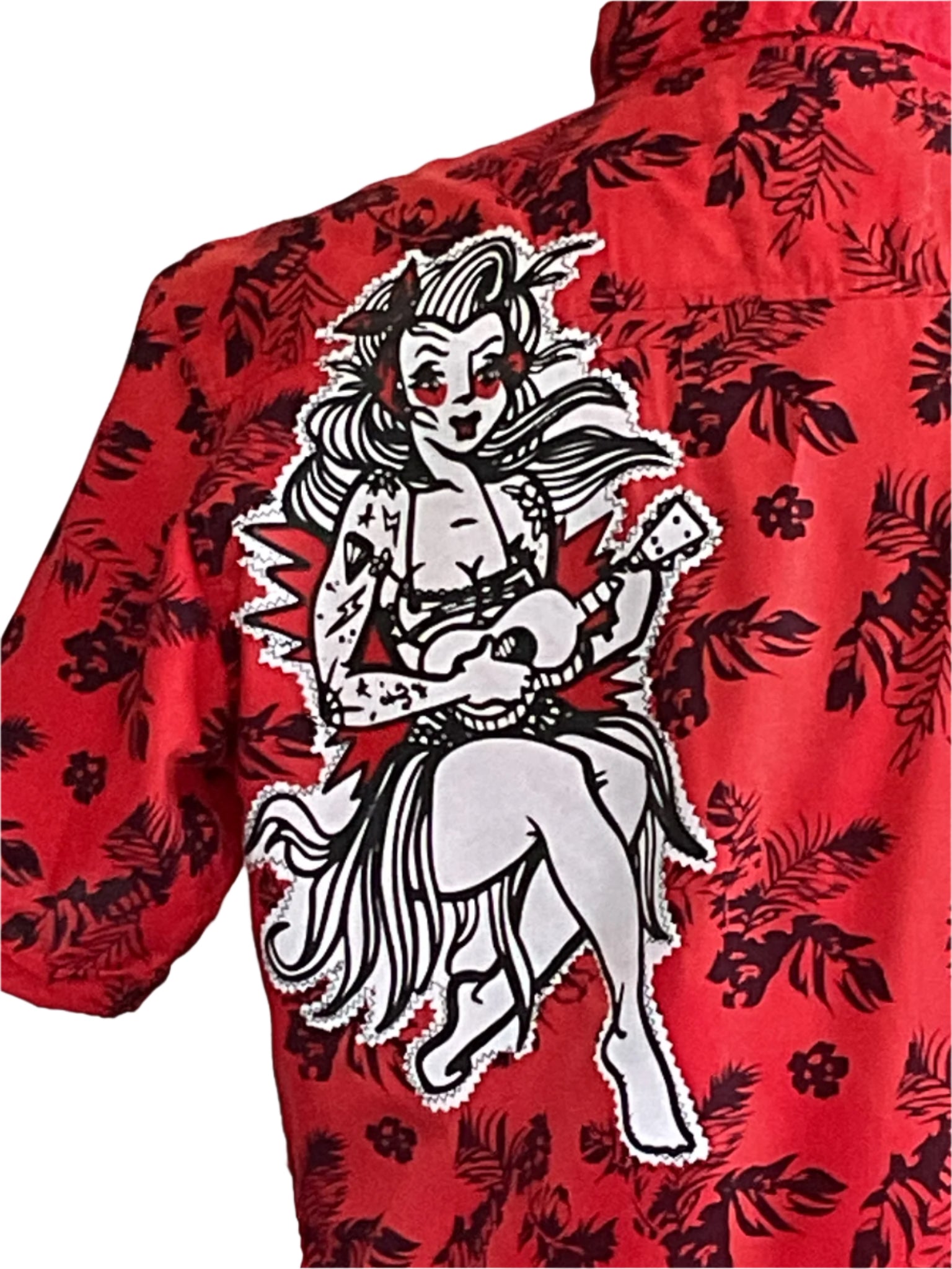 RED HAWAII | Men's Custom BEAR SIZE Short Sleeve Shirt | 2 XL featuring a pin-up–style hula girl graphic and bold tropical prints.