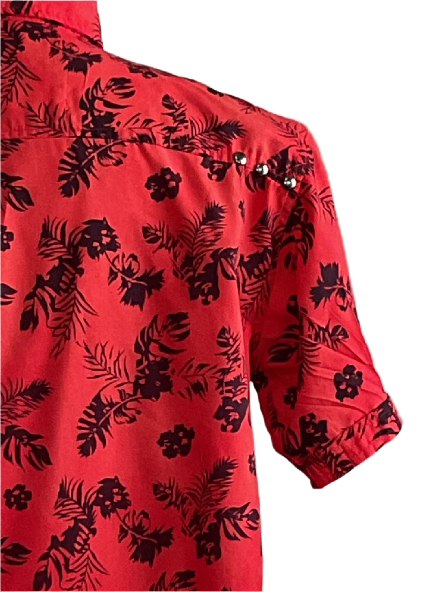 RED HAWAII | Men's Custom BEAR SIZE Short Sleeve Shirt | 2 XL, featuring black floral and palm-leaf patterns on a red background, embodying bold, distinctive island style.