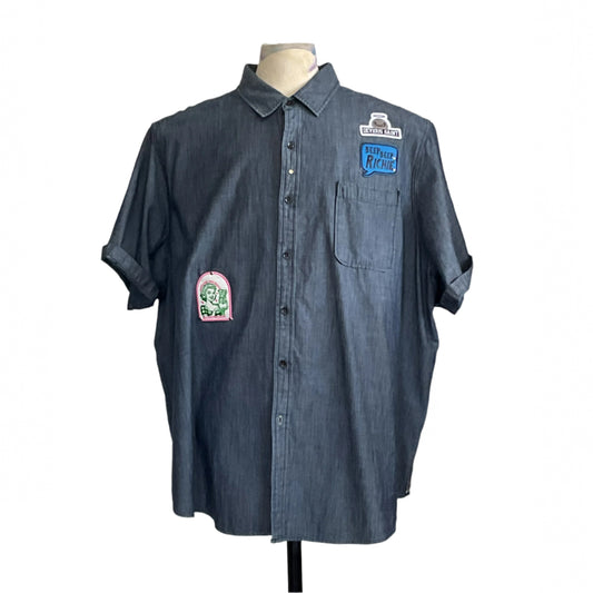 MARIO Men's Custom BEAR SIZE Short Sleeve Shirt, 4 XL, featuring three unique patches, including DEVIOUS SAINT and a vintage-inspired lady, on a dark-blue button-up style.