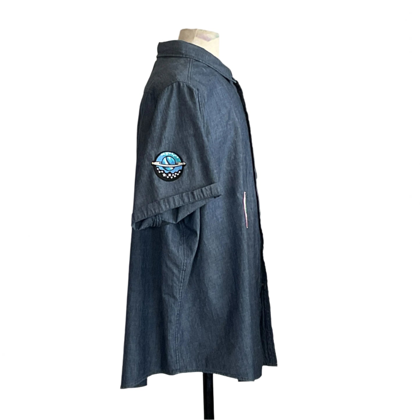 MARIO Men's Custom BEAR SIZE Short Sleeve Shirt in 4 XL displayed on mannequin, featuring a unique embroidered blue planet patch on the upper sleeve.