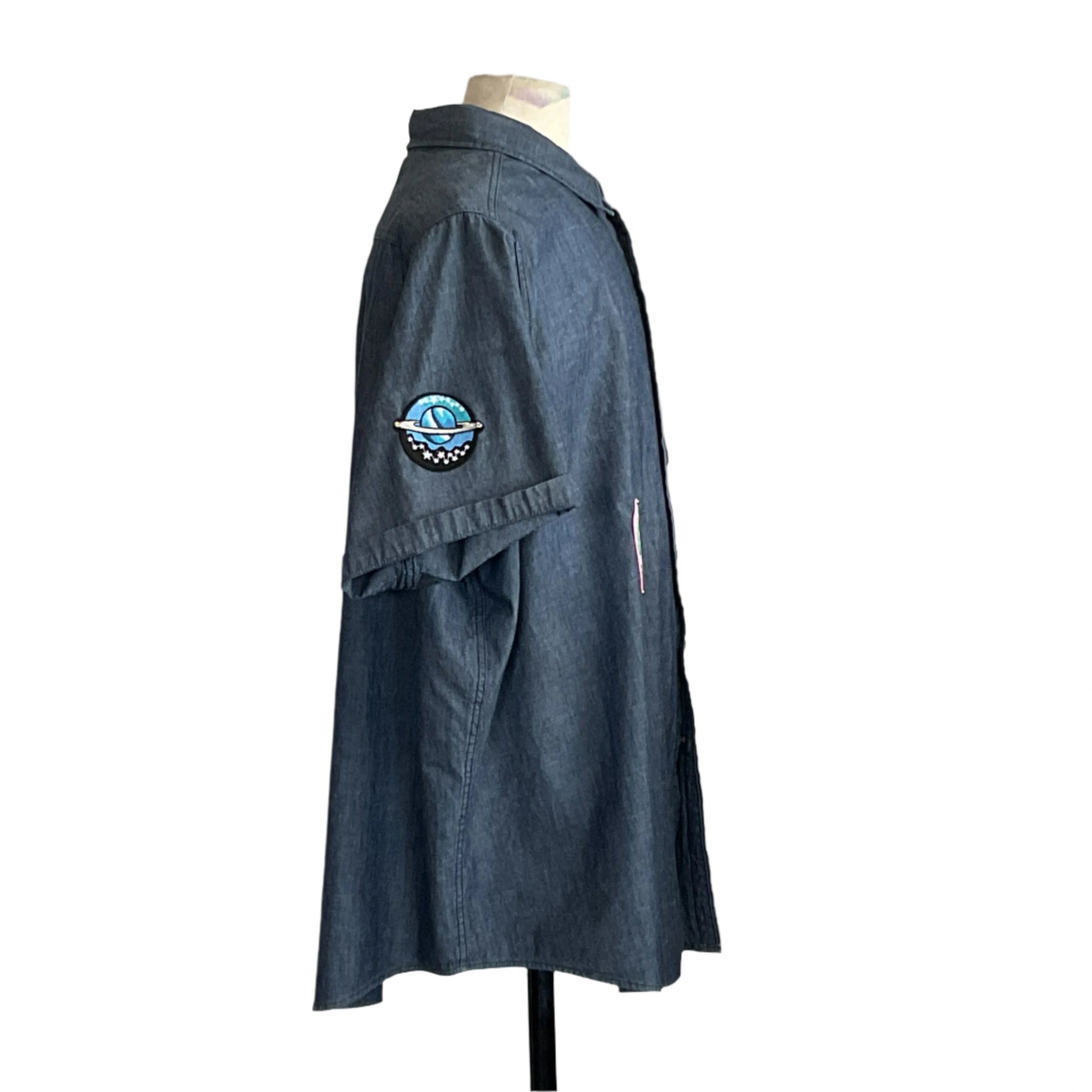 MARIO Men's Custom BEAR SIZE Short Sleeve Shirt in 4 XL displayed on mannequin, featuring a unique embroidered blue planet patch on the upper sleeve.