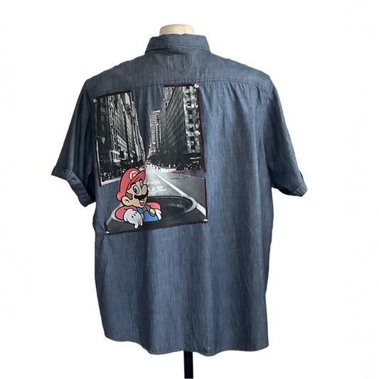 MARIO Men's Custom BEAR SIZE Short Sleeve Shirt in 4 XL, featuring a unique Mario patch on the back, showcasing bold, wearable art.