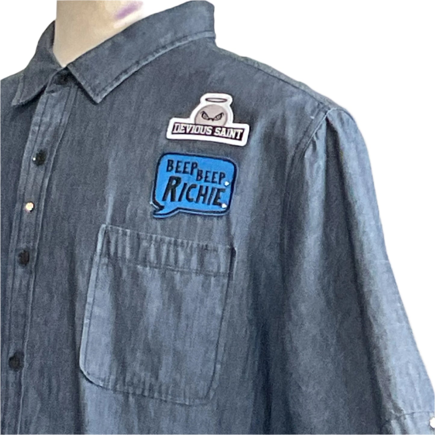 MARIO Men's Custom BEAR SIZE Short Sleeve Shirt in 4 XL, featuring unique DEVIOUS SAINT and BEEP BEEP, RICHIE patches on the chest.