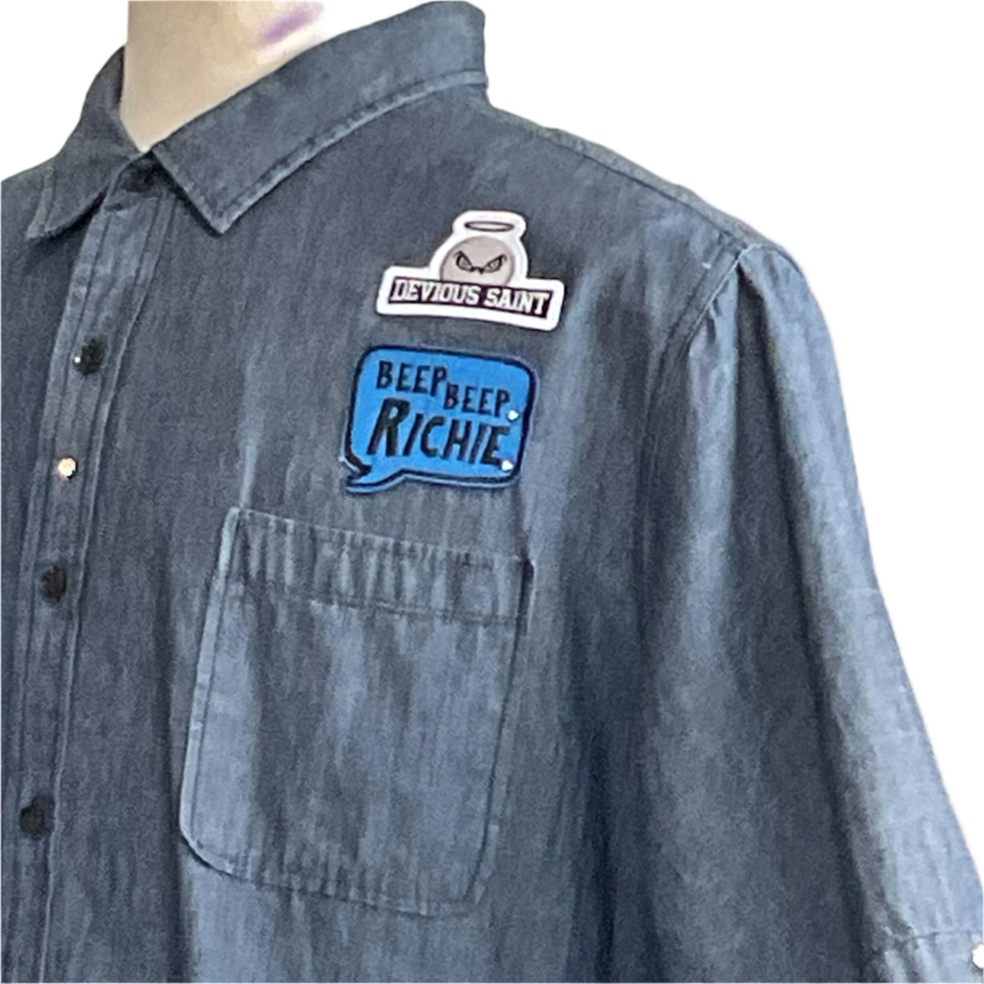 MARIO Men's Custom BEAR SIZE Short Sleeve Shirt in 4 XL, featuring unique DEVIOUS SAINT and BEEP BEEP, RICHIE patches on the chest.