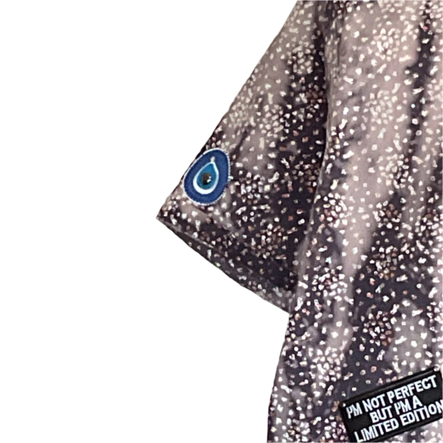 CITY OF LOS ANGLES Men's Custom BEAR SIZE Short Sleeve Shirt in 4 XL, featuring a metallic-speckled fabric with an evil eye charm and bold statement text.