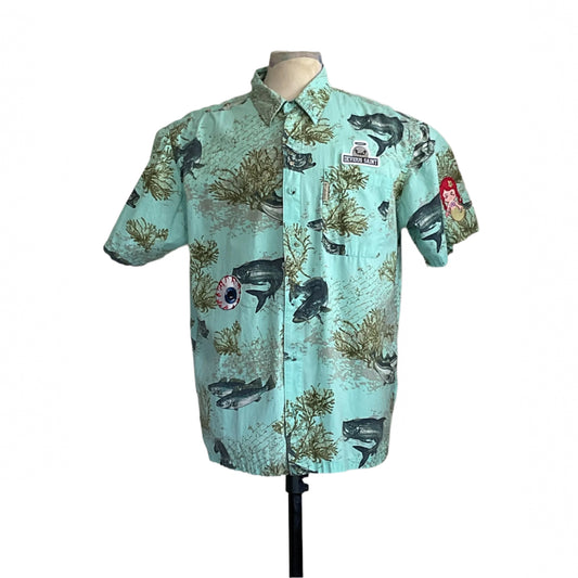 AQUA BONE FISH men's XL shirt featuring fish motifs, DEVIOUS SAINT patch, mermaid emblem, and camp collar on lightweight fabric.