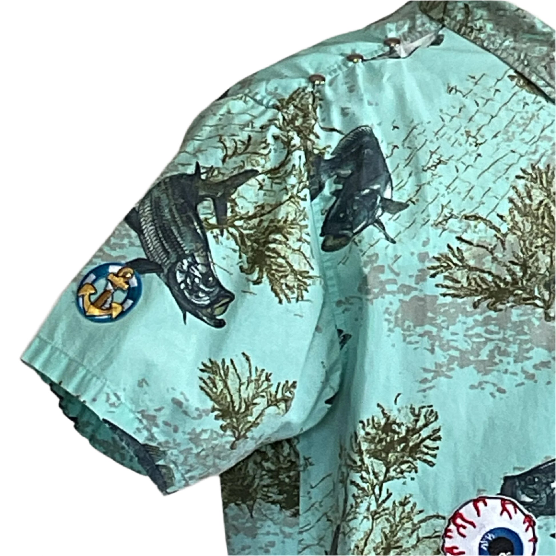 AQUA BONE FISH Men's Custom BEAR SIZE Shirt, XL: Short-sleeve shirt with underwater motifs, featuring leaping fish, seaweed, and badge-style graphics. Ideal for bold, unique style.