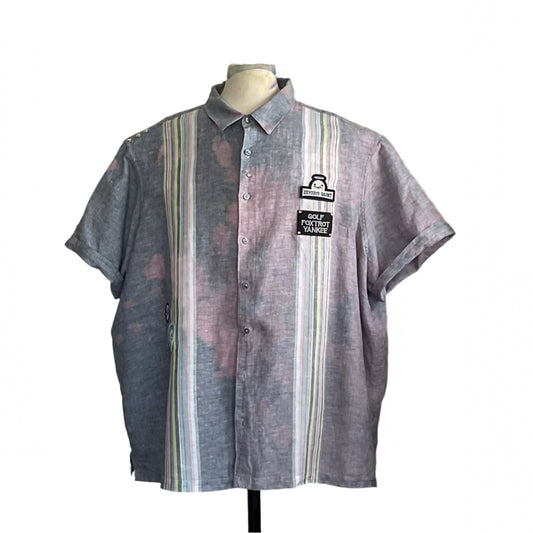 Men's Custom BEAR SIZE Short Sleeve Shirt, featuring a muted gray linen-like fabric with pink splotches, pastel stripes, and unique DEVIOUS SAINT patches, size 4 XL.