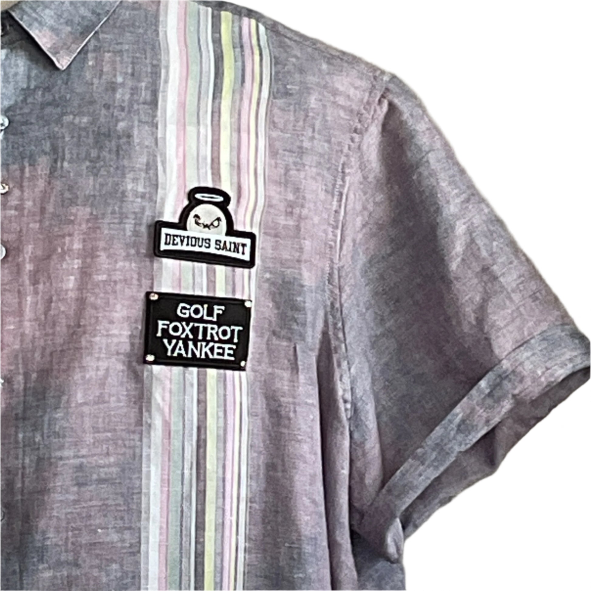 WARNING INSULTS | Men's Custom BEAR SIZE Short Sleeve Shirt, 4 XL; features pastel-striped panel, DEVIOUS SAINT patch, GOLF FOXTROT YANKEE patch on grey-lavender fabric.