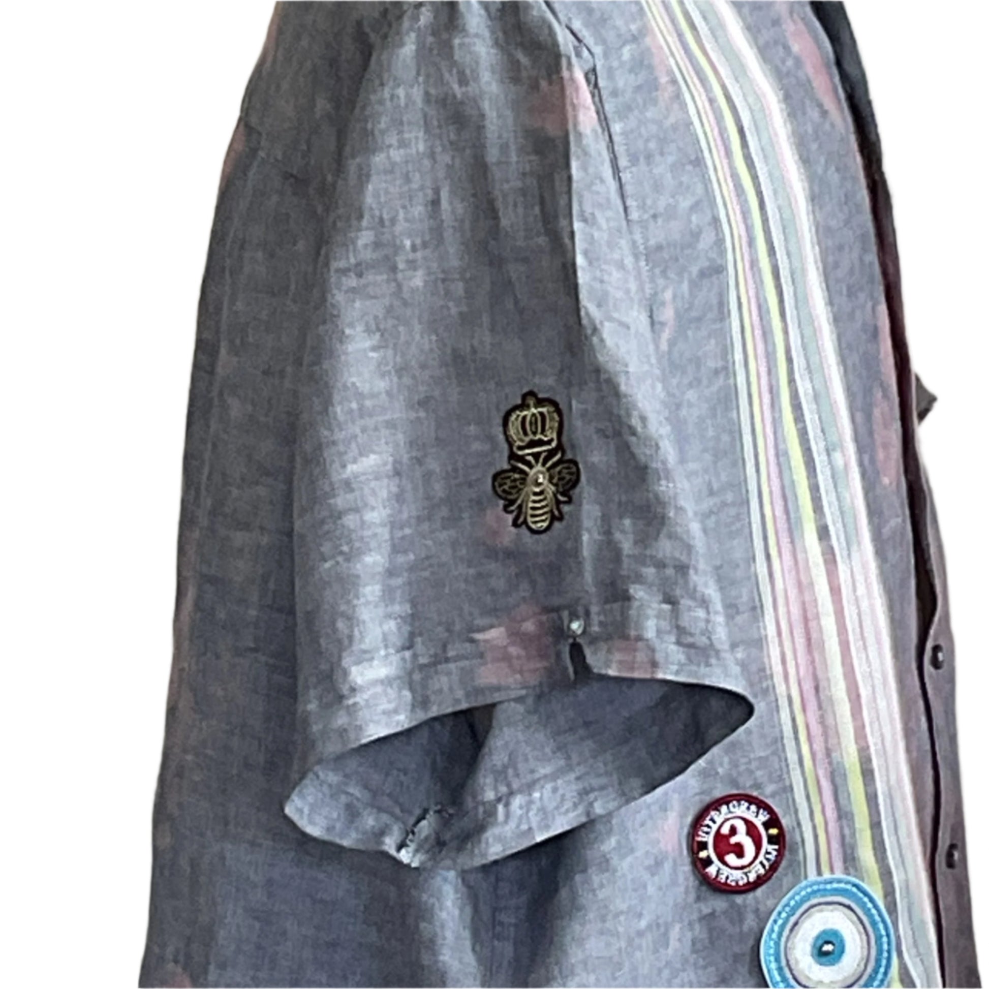 WARNING INSULTS Men's Custom BEAR SIZE Shirt, 4 XL, features a chambray-style gray fabric, crowned bee embroidery, rainbow pin-stripes, and hem patches with bold motifs.