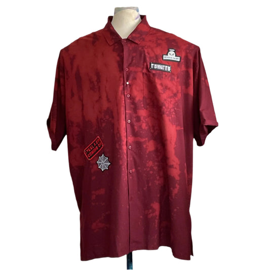RAINBOW PANDA Men's Custom BEAR SIZE Short Sleeve Shirt in 4XL features a mottled deep-red design with distinctive patches, embodying DEVIOUS SAINT's bold, unique style.