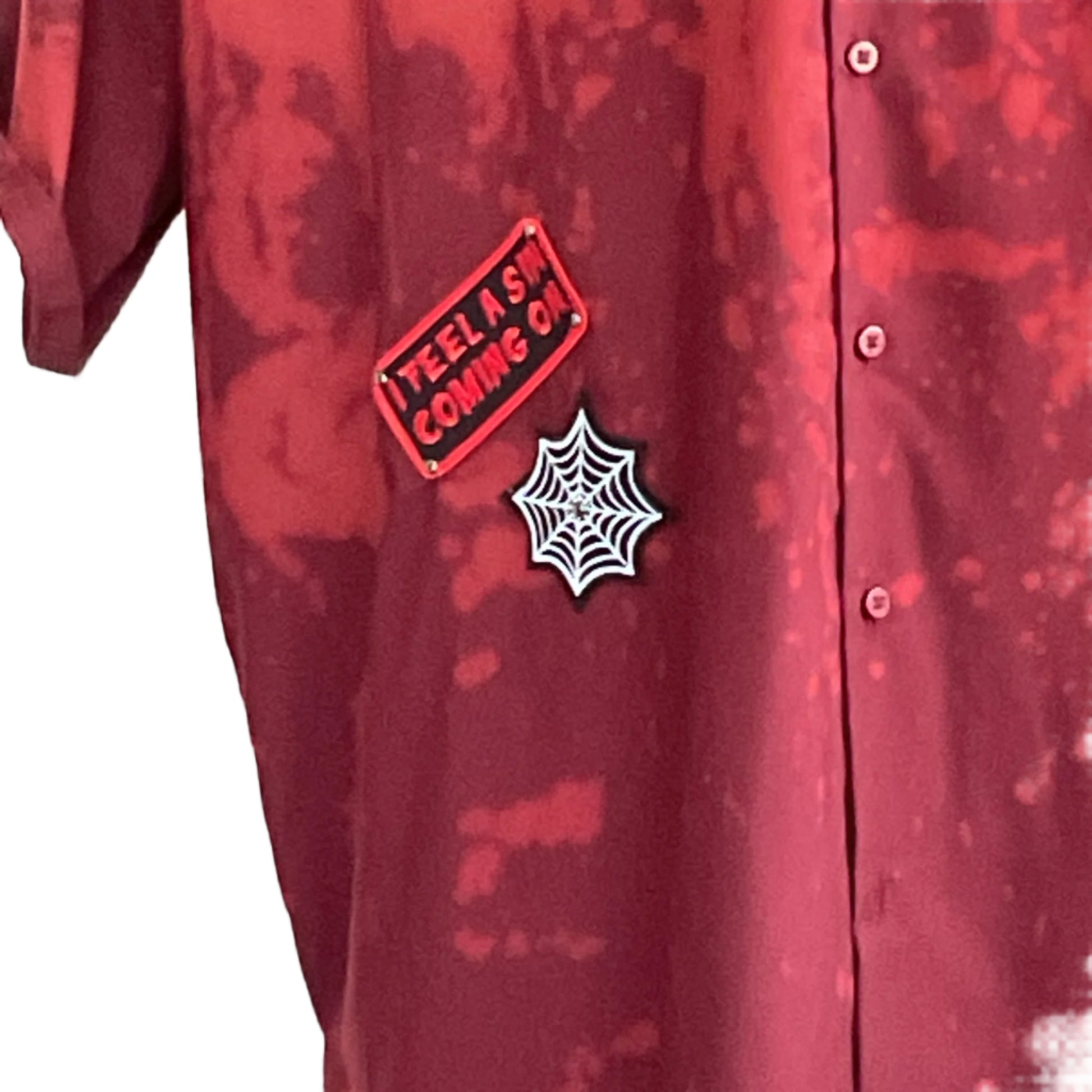 RAINBOW PANDA | Men's Custom BEAR SIZE Short Sleeve Shirt | 4 XL features edgy patches, including a bold red text design and a distinctive white spider-web motif.